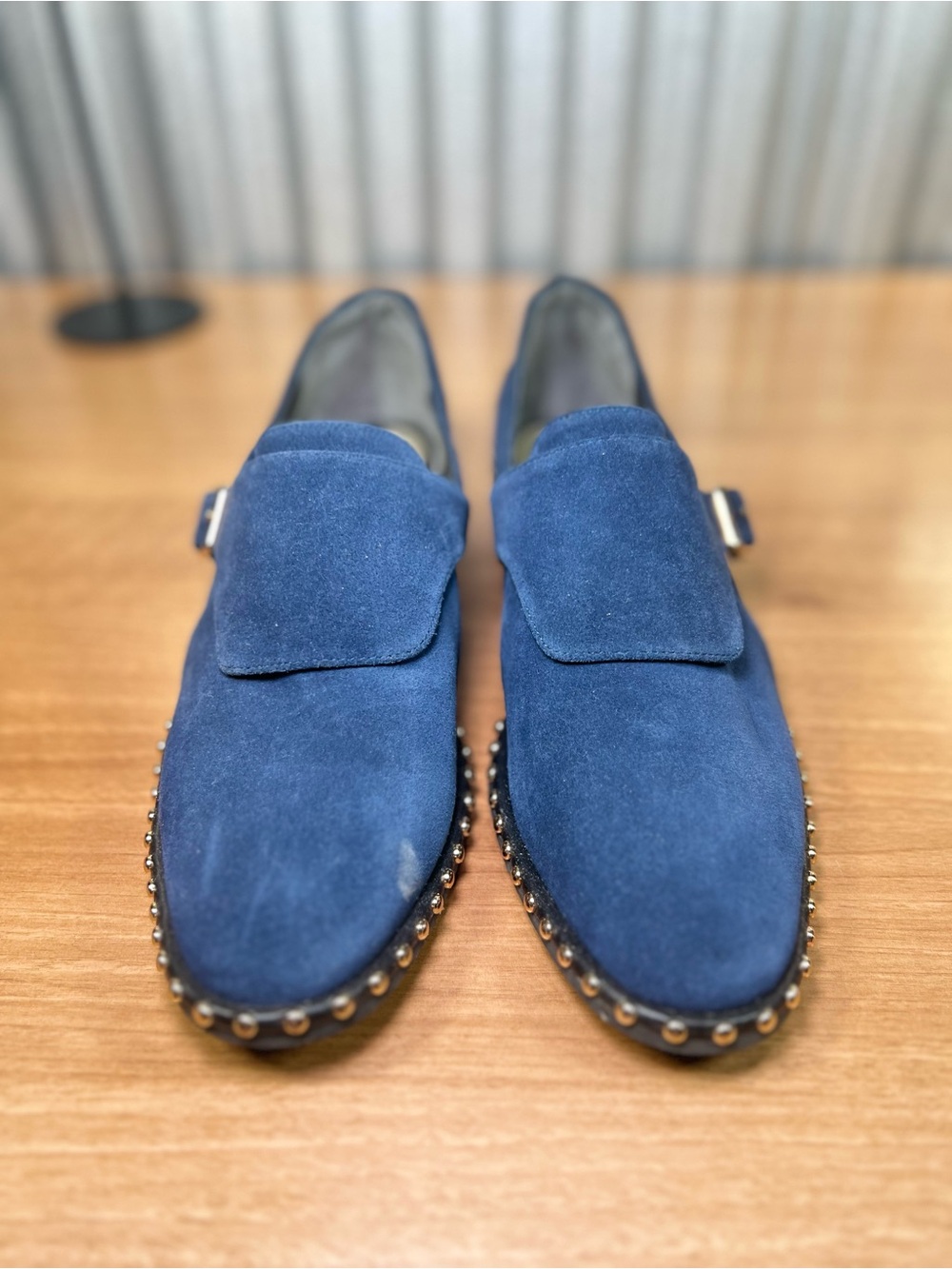 Adrianna Papell Navy Suede Studded Loafers Gold Hardware Size 8.5